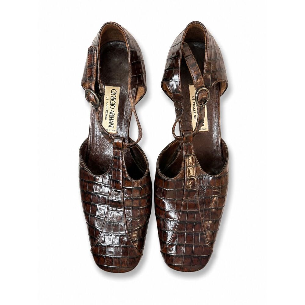 Giorgio Armani Le Collezioni Brown Croc Embossed T-Strap Heels Size 6